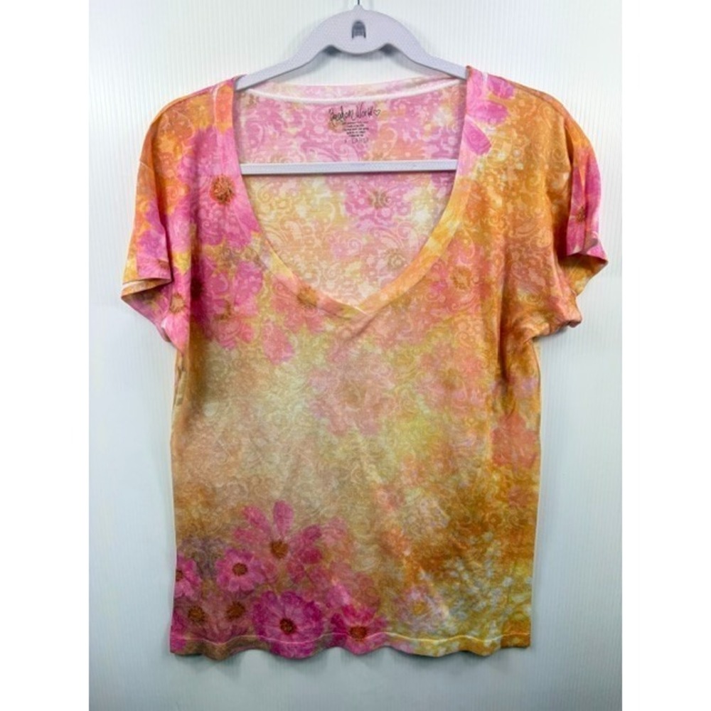 Random World Shirt XL Floral V Neck Tee Pink Orange Y2K Cottagecore Fairy Grunge